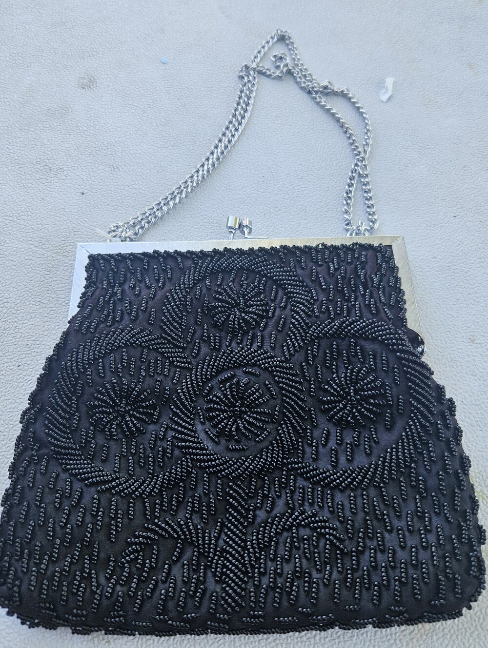 Magid Black Beaded Clutch with Silver Chain Strap